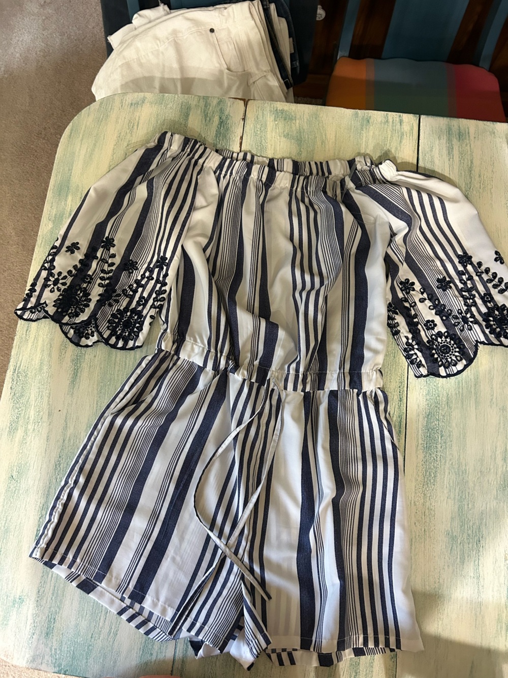 Striped Off-Shoulder Tunic Romper with Navy Embroidered Sleeves